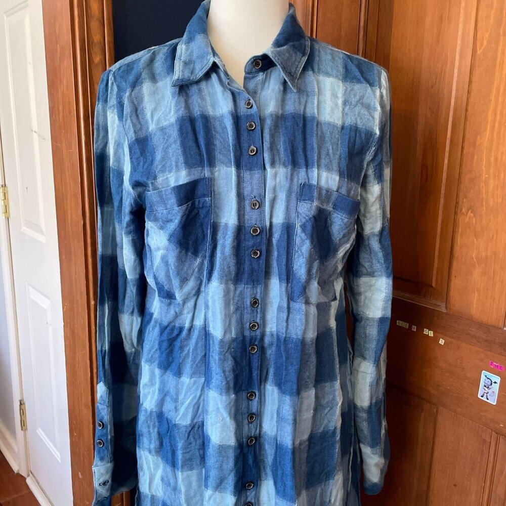 FREE PEOPLE Blue Plaid Flannel Button-Down Tunic Shirt Oversized Boho Grunge M - Picture 3 of 13
